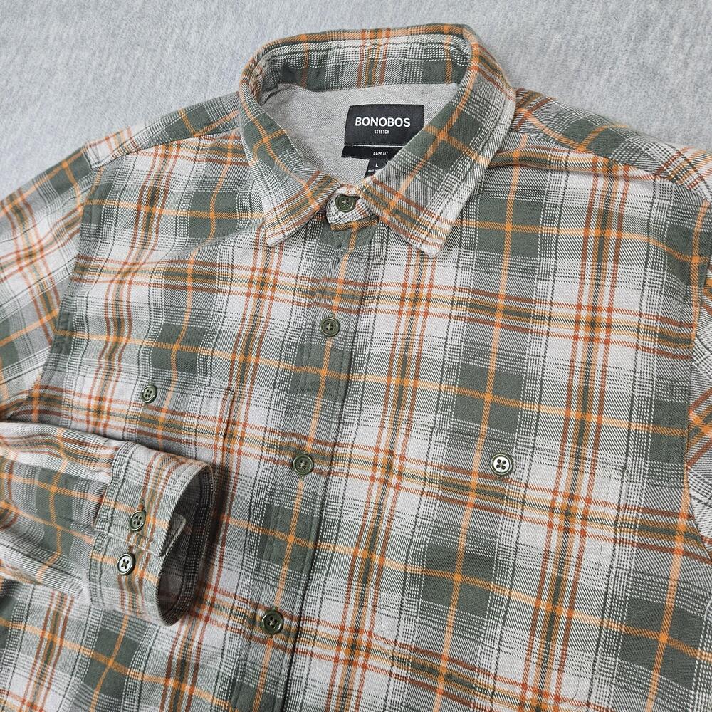 Bonobos Shirt Mens L Green Plaid Flannel Slim Fit Button Up Long Sleeve